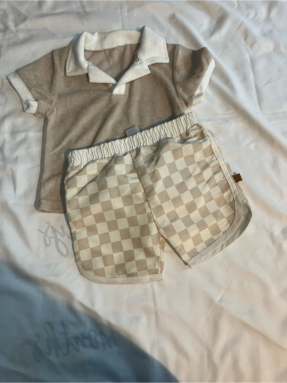 Lila & Jack Beige Terry Polo & Checkered Swim Shorts Set Neutral Two-Piece 2T